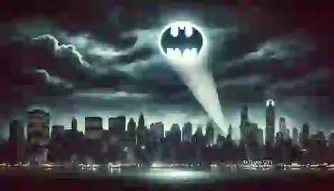 The Gotham City skyline at night with the Bat-Signal shining brightly in the sky.