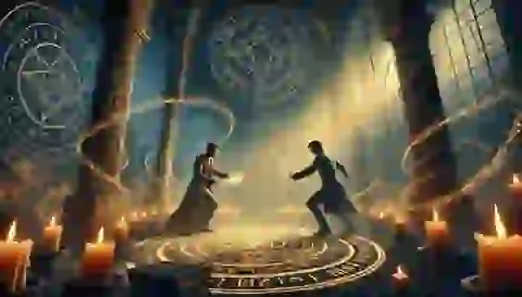 Edgar and Alaric performing the Ritual of Binding in a hidden chamber, shadows twisting around them.