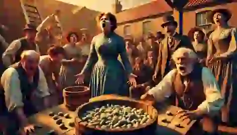 Mrs. Hutchinson, in disbelief, as villagers collect stones for the grim final act of the lottery.