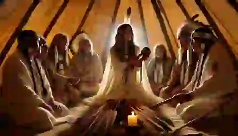 White Buffalo Calf Woman offers the sacred pipe to Lakota elders inside a tipi, surrounded by ceremonial objects.