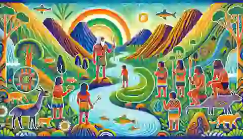 The first people created by the Rainbow Serpent, learning to live in harmony with the land by rivers and mountains.