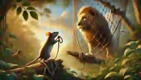 The mouse gnaws at the ropes to free the lion from a hunter