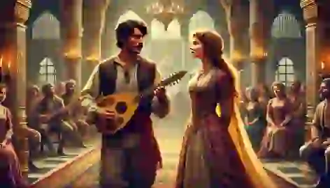 Köroğlu, disguised as a minstrel, sings in a grand palace hall, locking eyes with the beautiful Nigar.