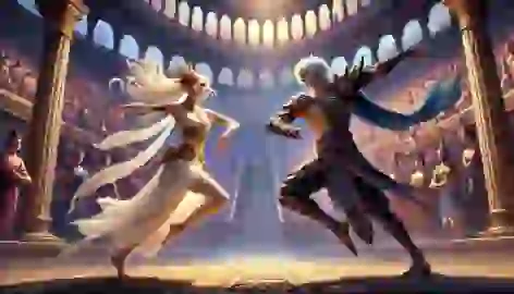 Elara and Lykos face off in a dance competition in an ancient arena.