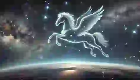 Pegasus in his celestial form as a constellation, flying among the stars with the Milky Way in the background.