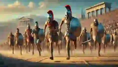 Hoplite race with armored athletes, including a determined Spartan in the lead.