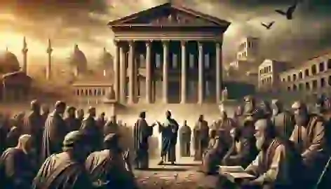 Early Christians and scholars debating outside the Library of Alexandria, with the grand building in the background.