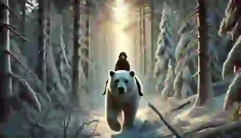 A young girl rides a large white bear through a snowy forest as the sun sets in the distance.