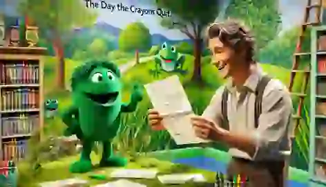 Duncan reading Green Crayon’s letter with lush green trees, grass, and frogs around.