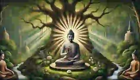 Buddha, the ninth avatar, meditates under the Bodhi tree, radiating peace and enlightenment.