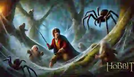 Bilbo cuts webs with his sword Sting, freeing the dwarves from giant spiders in the dark forest of Mirkwood.