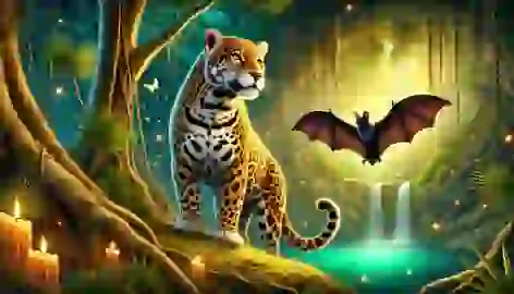 Jaguar and bat standing victoriously near the glowing Cenote surrounded by lush jungle vegetation and fireflies.