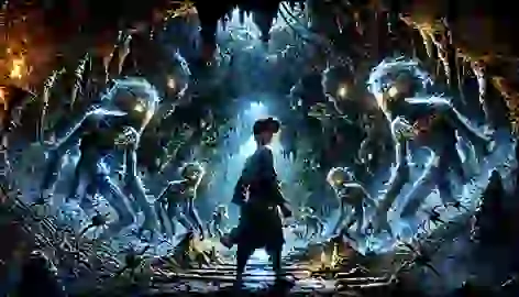 Amir stands in a dark cave surrounded by glowing creatures, facing them with determination