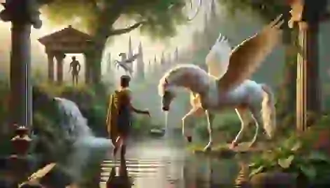 Bellerophon approaches Pegasus, who drinks from the Pirene fountain, golden bridle in hand, surrounded by lush greenery.