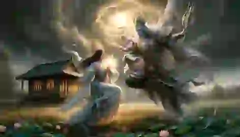 San Shengmu defends her cottage against Erlang Shen in a dramatic battle under stormy skies near blooming lotuses.