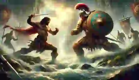 Cú Chulainn and Ferdiad battling at a narrow ford, surrounded by churning waters, mist, and sunlight breaking through clouds.