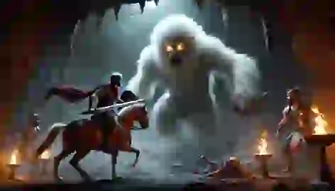 Rostam battles the fearsome White Demon in a dark cave, with Rakhsh standing nearby.