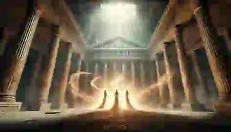 In Delphi’s temple, the nymph sisters release the light fragments, fighting swirling shadows in an intense confrontation.