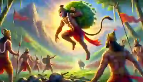 Hanuman returns to the battlefield in Lanka, carrying the mountain, greeted by cheering warriors