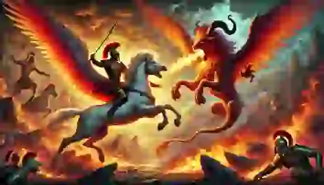  Bellerophon battles the Chimera from atop Pegasus, with flames and embers lighting the sky.