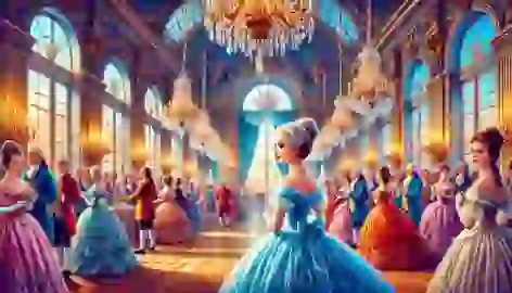 Émilie at the château ball in her blue silk dress.