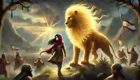 The Guardian Lion and Laila stand victorious as villagers cheer, with creatures retreating to the mountains.