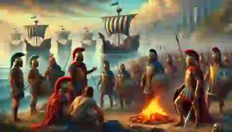 Greek warriors and ships gather near the shores of Troy in preparation for battle.