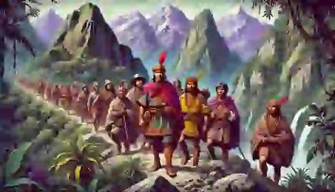 Manco Inca leads his followers through the rugged Andes, their expressions showing determination on their journey.