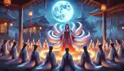 Mei undergoes a ritual under the full moon, transforming from a Nine-Tailed Fox into a human woman.