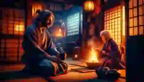 The merchant sits by the hearth in a traditional Japanese inn, listening to the innkeeper explain the legend.