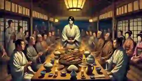 The Nurarihyon calmly eating at a grand feast as villagers hold sacred charms, with the priest watching nervously.