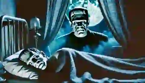 The creature looms over Frankenstein