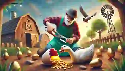 The farmer cutting open the goose, finding no golden eggs inside.