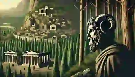 A Satyr watches in concern as an ancient Greek city expands into the forest, with trees being cut down.