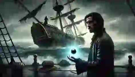 Ezra stands on the sinking Queen Anne’s Revenge, holding the glowing black pearl as Blackbeard’s ghost fades into the mist.