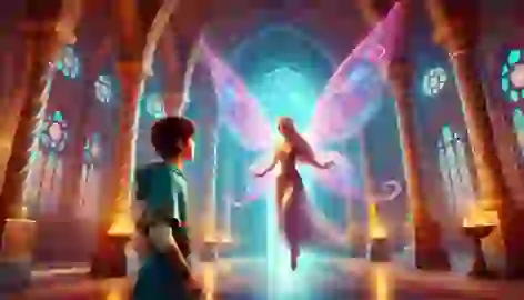 Rostam encounters a fairy with shimmering wings inside the grand hall of the Castle of the Fairies.