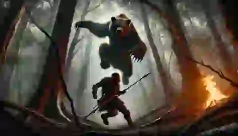 Warrin battles the Drop Bear, standing his ground with a spear as the massive creature lunges from a tree.