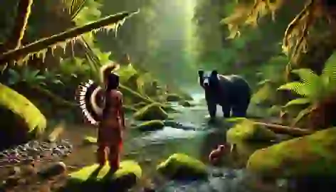  A black bear stands in a shallow river as a young Native American boy watches from the riverbank.