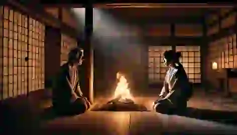 Minokichi and Oyuki sit by a dim hearth; Oyuki