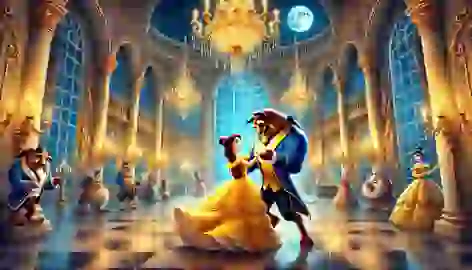 Belle and the Beast dance in the grand ballroom, with enchanted objects watching and chandeliers above.