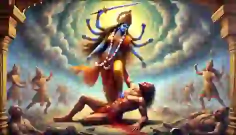 Durga strikes the final blow, severing Mahishasura’s head and standing victorious.