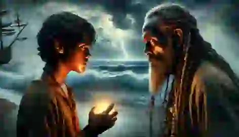 Aníbal confronts the shaman Ciguayo on a Caribbean beach amidst a brewing storm.