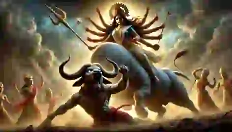 Durga in battle against Mahishasura in his buffalo form, blocking his attack with her trident as sparks fly.