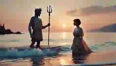 Poseidon and Amphitrite meeting peacefully in the shallow waters off Crete during sunset.