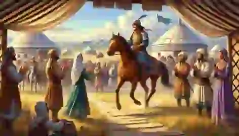 Alpamysh returns home victoriously, greeted by his wife Barchin and the joyous villagers after the battle.