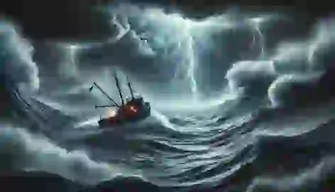 A small fishing boat caught in a storm in the Bermuda Triangle, battling massive waves under a dark sky with lightning.