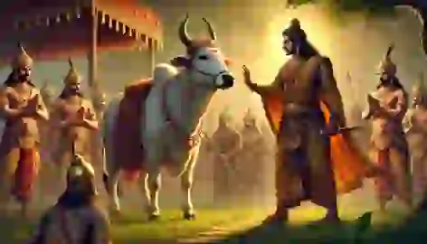 King Vishwamitra arrives at Sage Vasishta’s Ashram with his army, demanding Kamadhenu while tension rises.