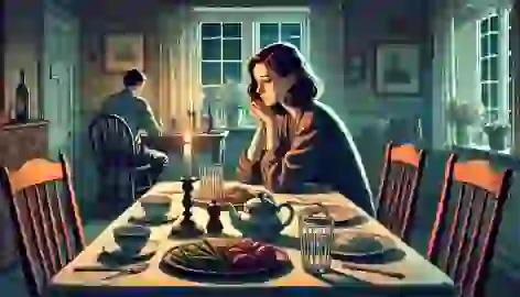 Mary sits at a dimly lit dinner table with a sad expression, waiting for John who never reciprocates her feelings.