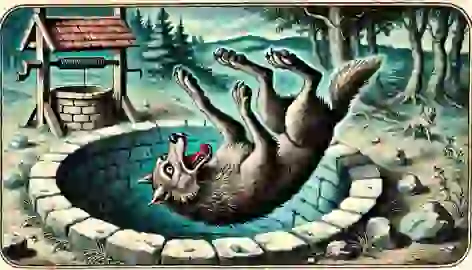  The wolf, weighed down by stones, falls into a well and drowns, ending his threat to the village.