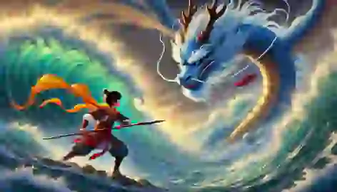 Nezha faces Ao Bing on the shore as waves crash around them in an intense confrontation.